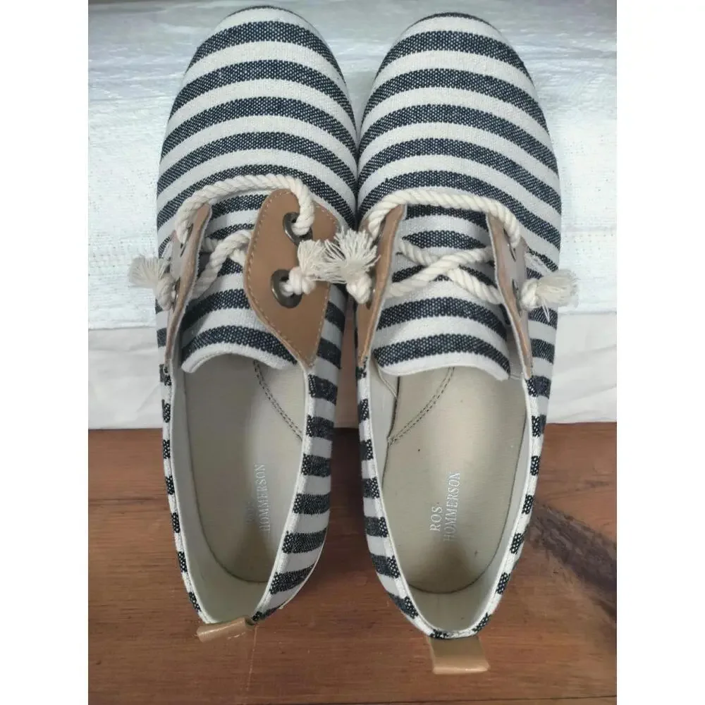 Ros Hommerson‎ Calypso Striped Nautical Slip-On Loafers Women's 9.5W Black/Cream